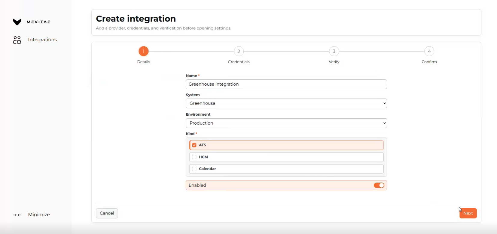 Creating a new Greenhouse integration in the MeVitae dashboard