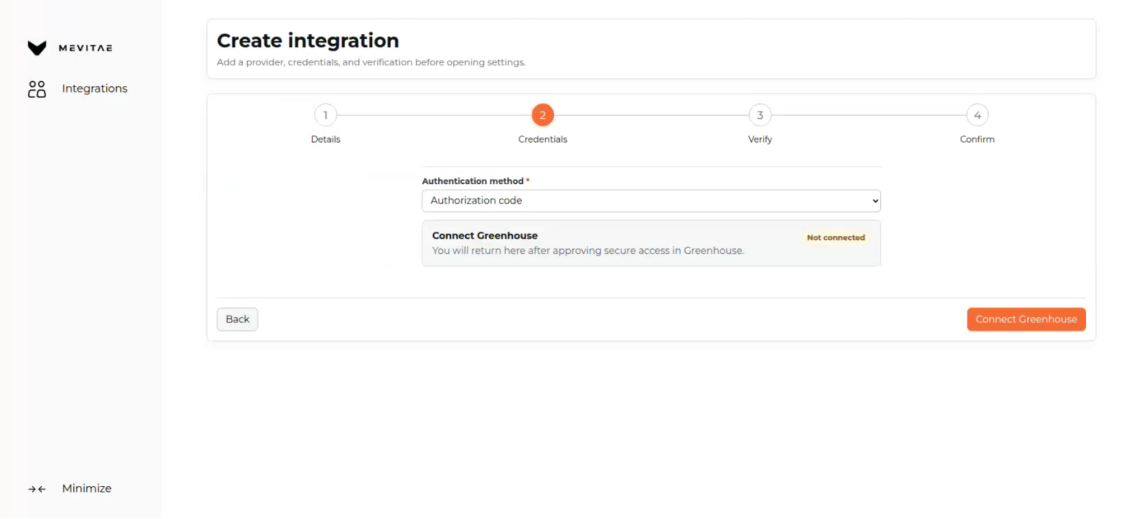 MeVitae integration setup screen with the Connect Greenhouse option