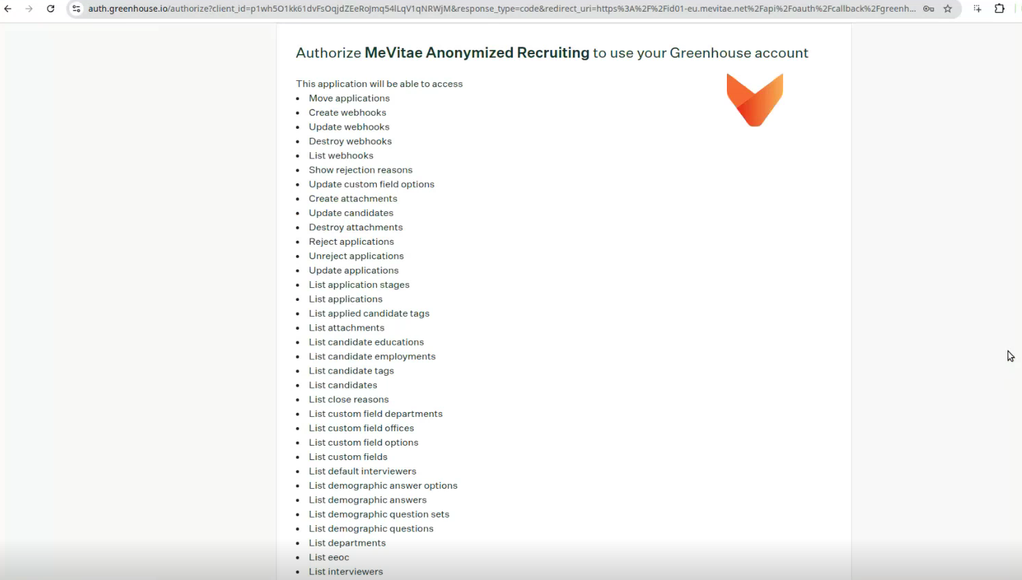 Greenhouse account authorization screen showing requested API access