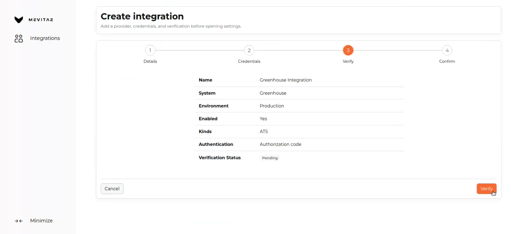 MeVitae dashboard verification screen for the Greenhouse integration