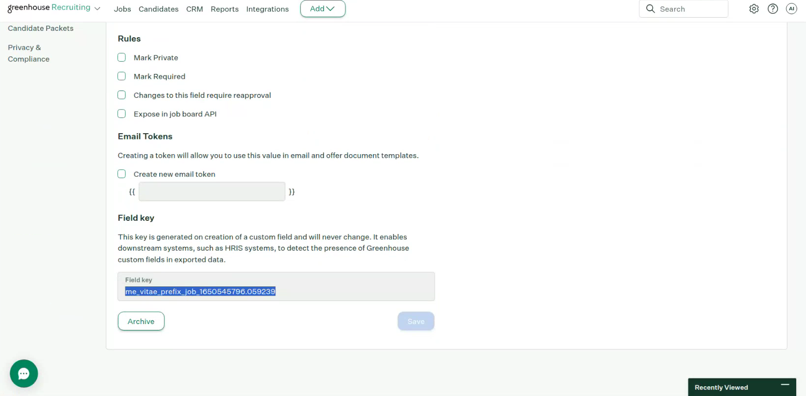 Field key generated for the custom Prefix field in Greenhouse