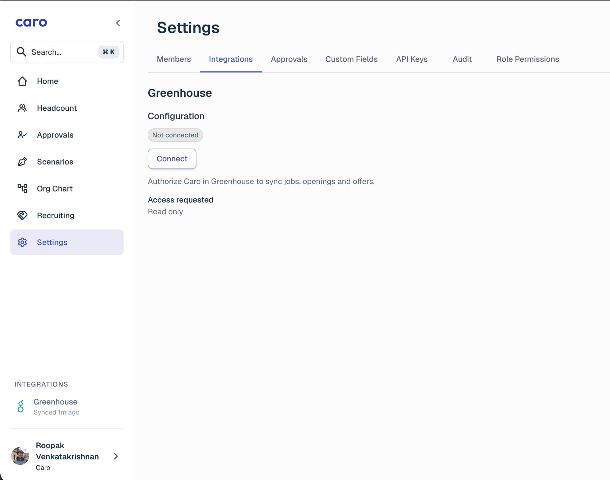 Caro Greenhouse integration connection screen