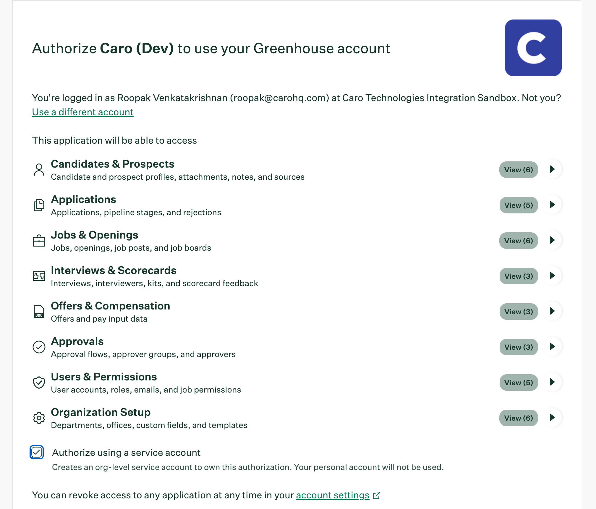 Authorizing Greenhouse with a service account in Caro