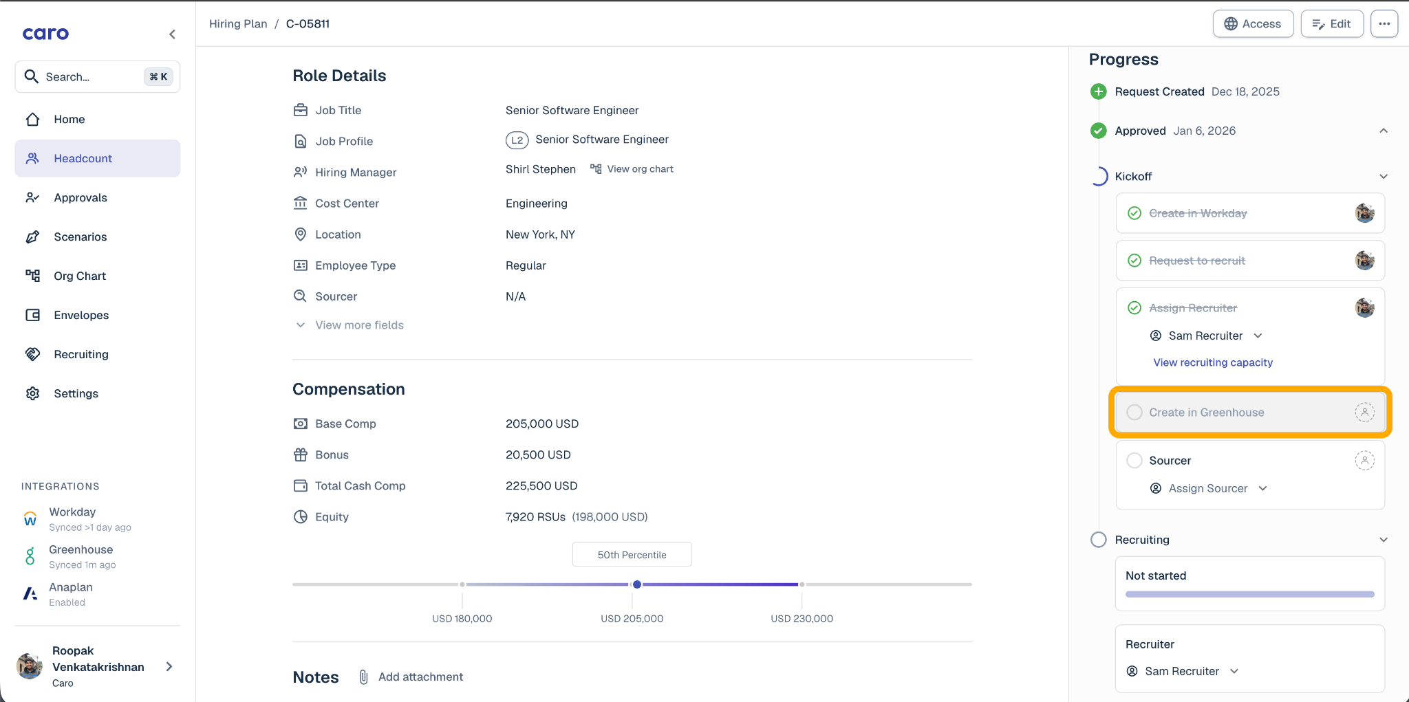 Headcount details page in Caro with the Create in Greenhouse option