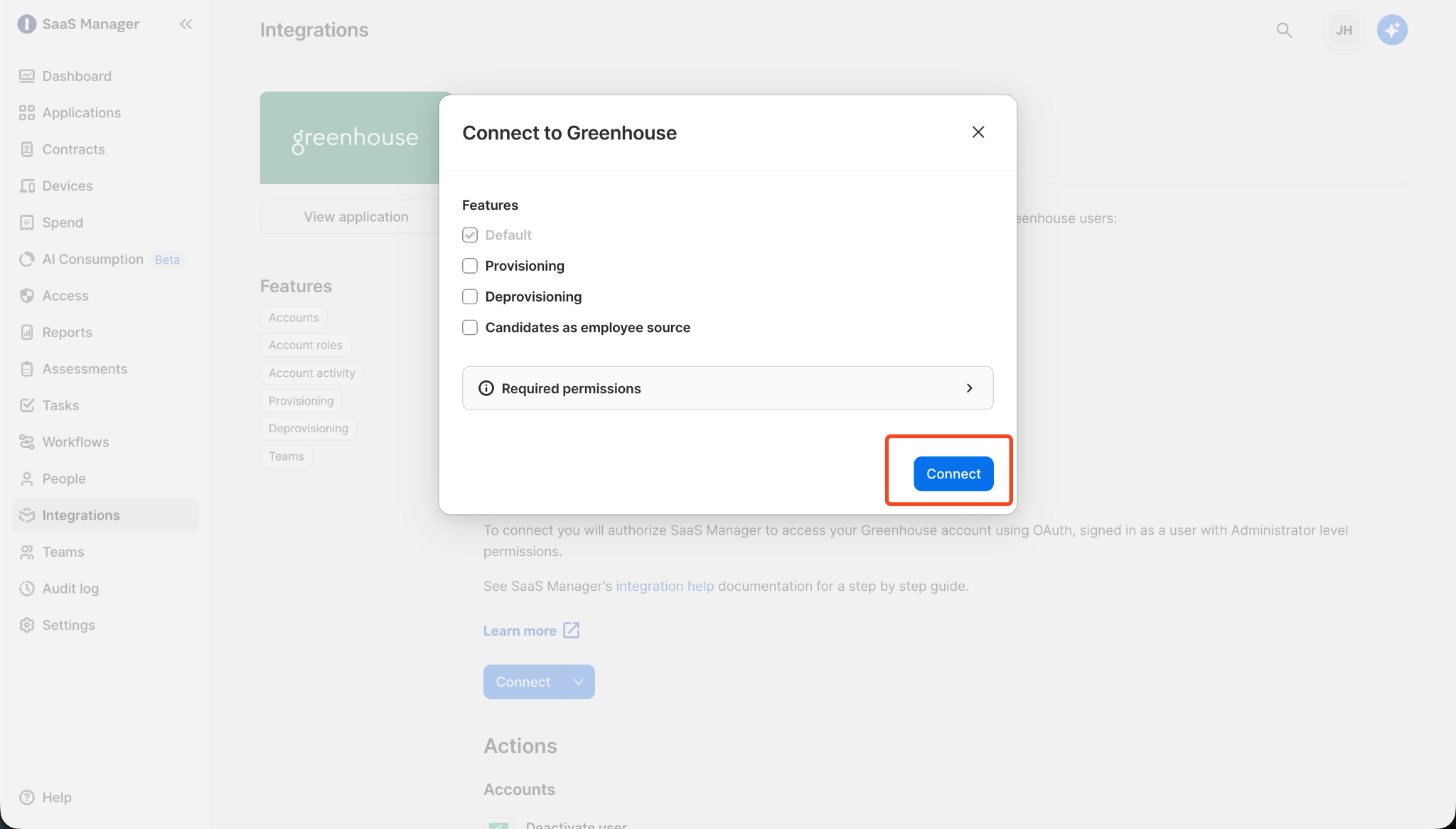 Approving access to complete the Greenhouse connection in SaaS Manager