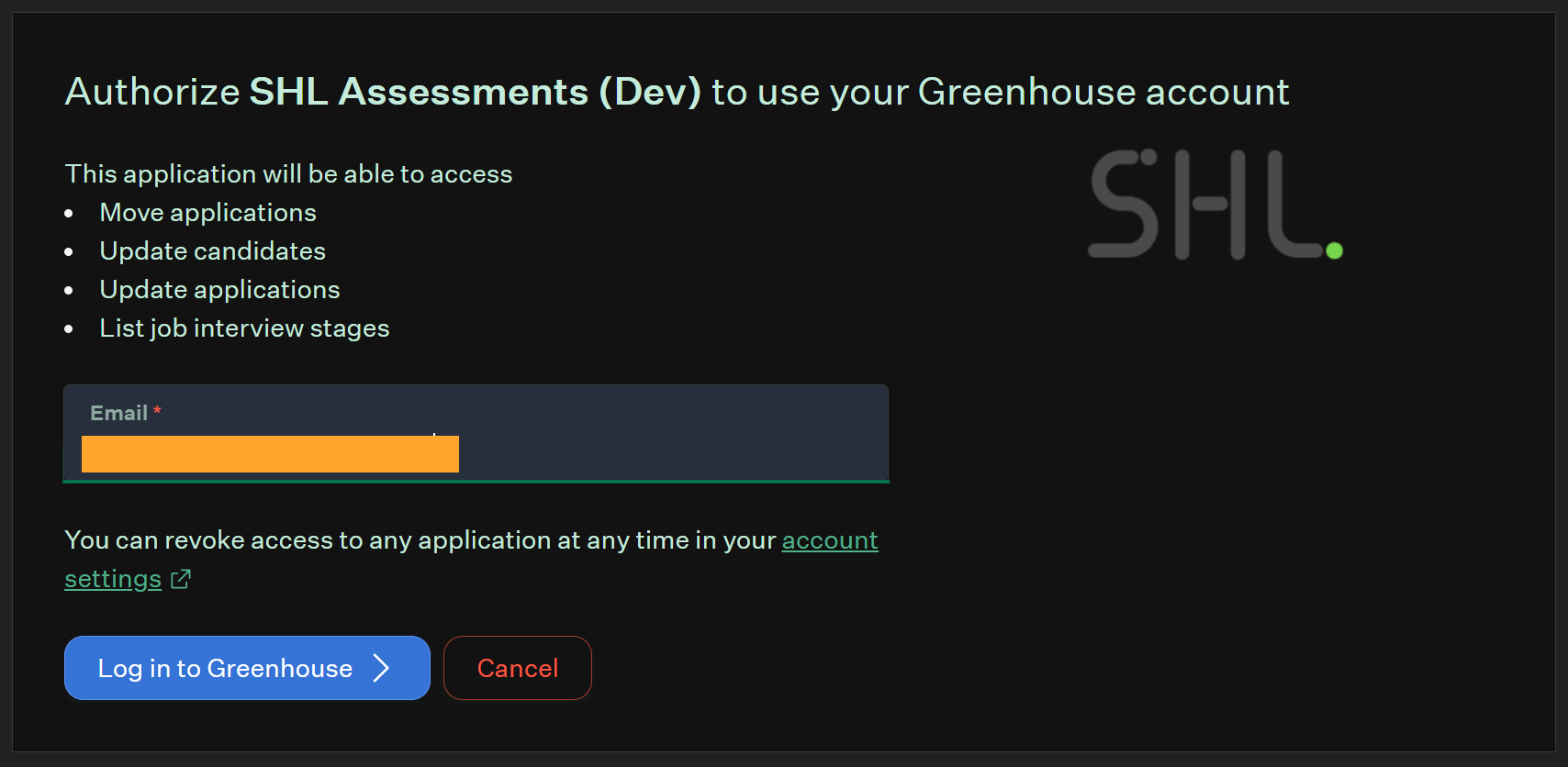 Greenhouse login prompt after following the SHL authorization link