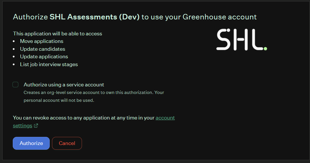 Reviewing and authorizing SHL's requested Greenhouse permissions