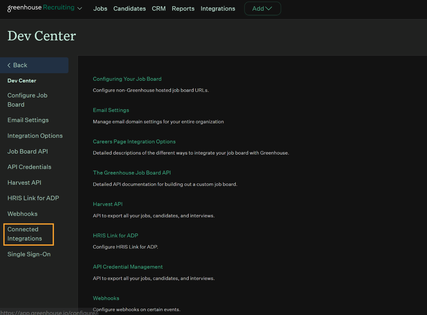 Connected Integrations list in Greenhouse Dev Center