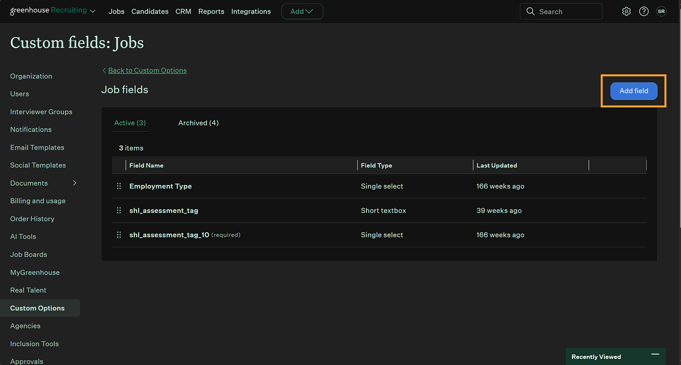 Add Field button in Greenhouse Custom Options