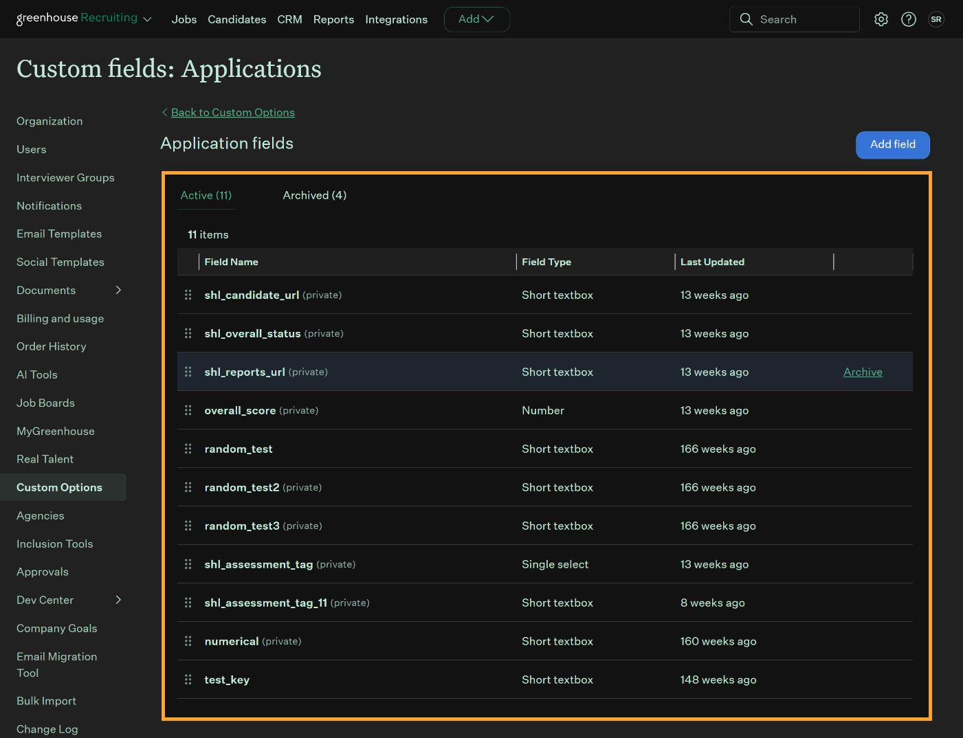 Example custom fields under Application Custom Fields in Greenhouse