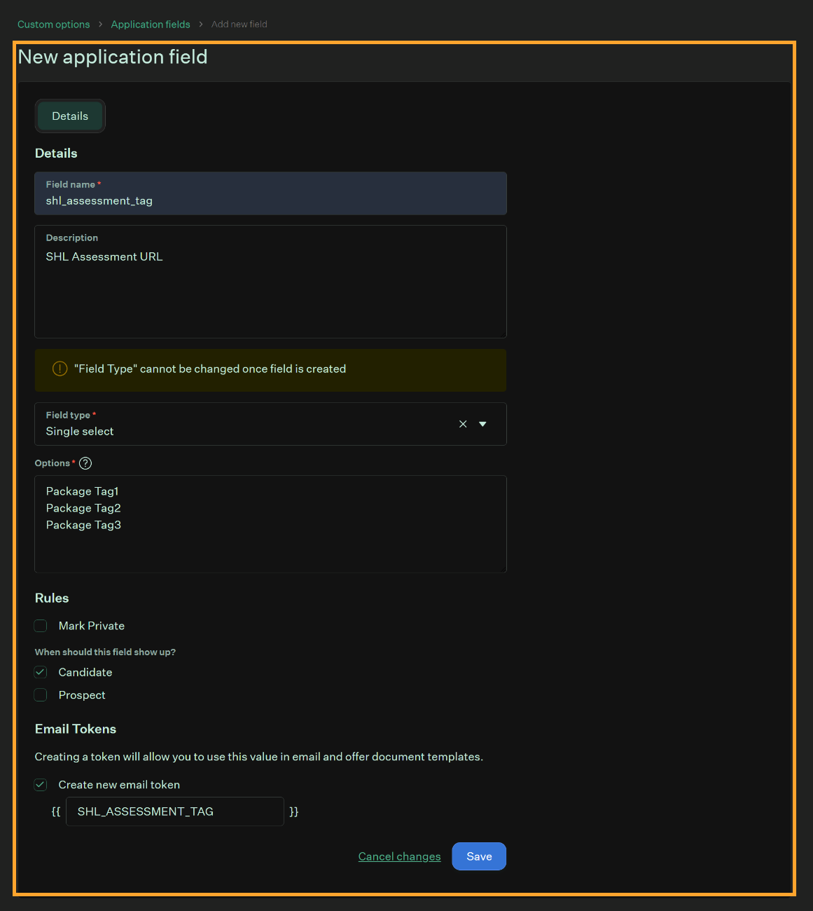 Configuring shl_assessment_tag as a single-select field with package tag options