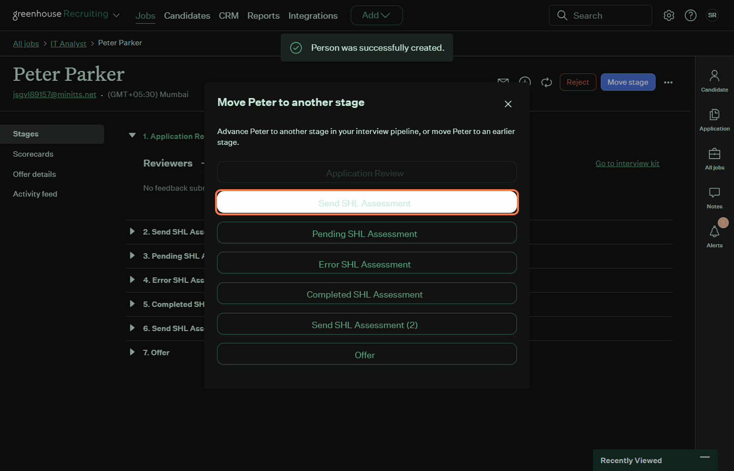 Selecting Send SHL Assessment from the stage list