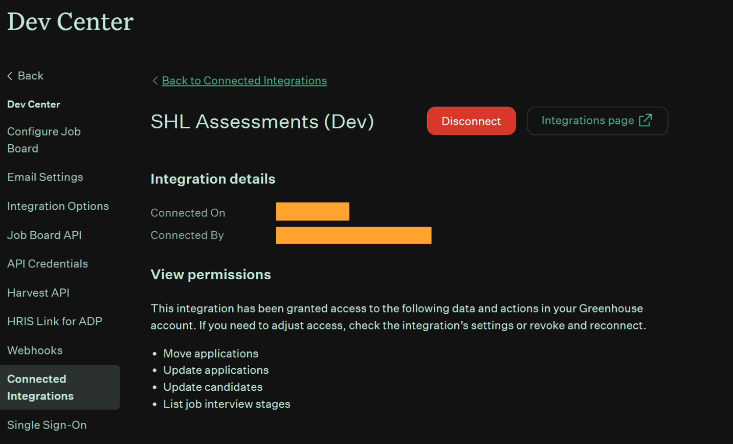 SHL Assessments shown with a Connected status