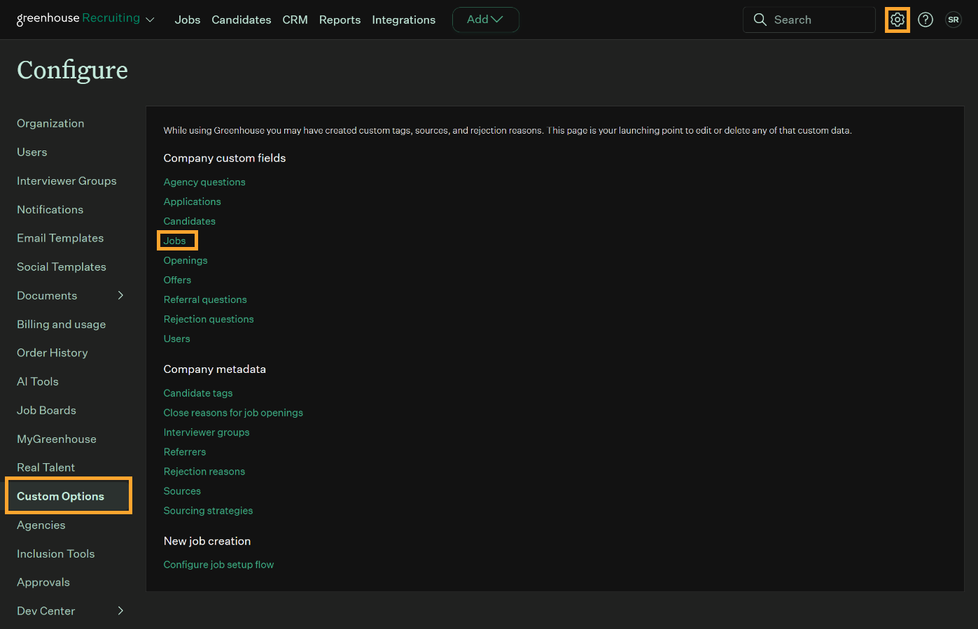 Company custom fields — Jobs configuration page in Greenhouse Custom Options