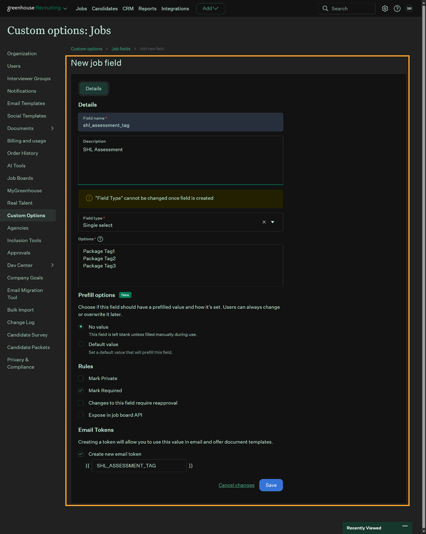 Configuring the shl_assessment_tag field as a single-select with package tag options