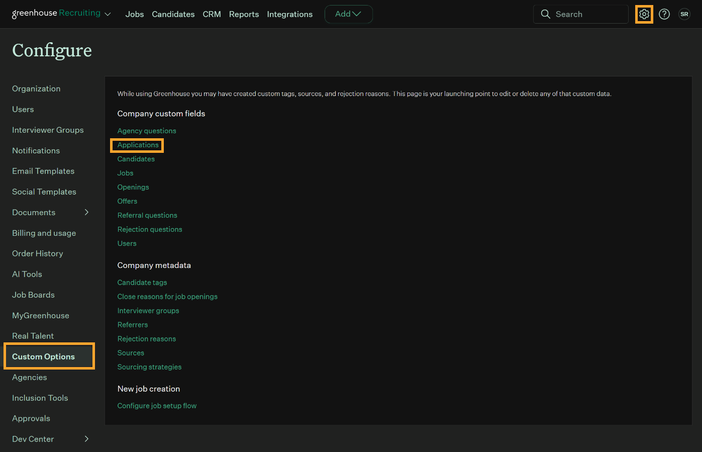 Application custom fields configuration page in Greenhouse Custom Options