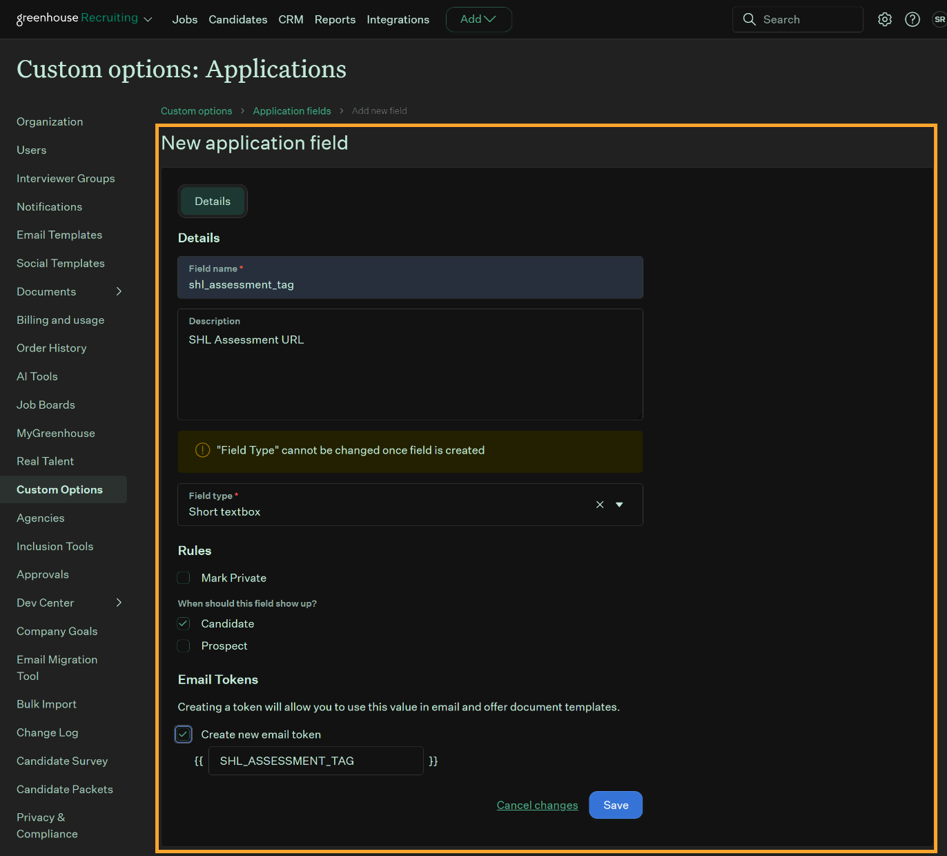 Configuring shl_assessment_tag as a short textbox on an application