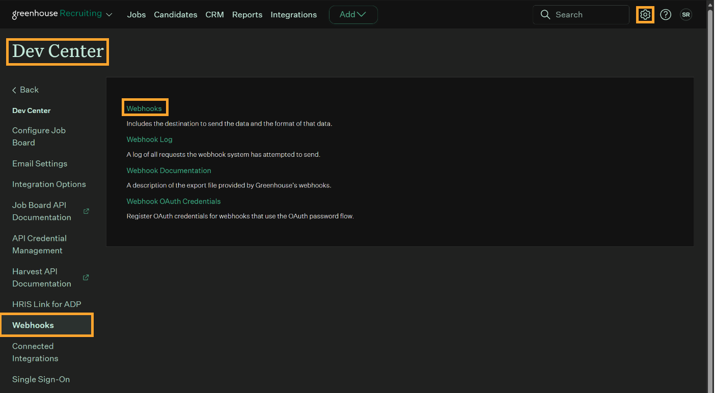 Greenhouse Dev Center Webhooks configuration page
