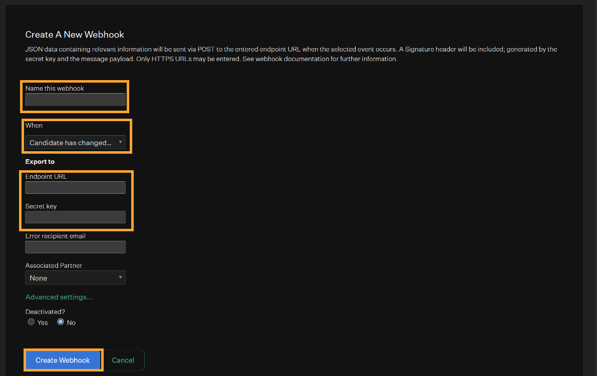 Webhook configuration screen in Greenhouse Dev Center