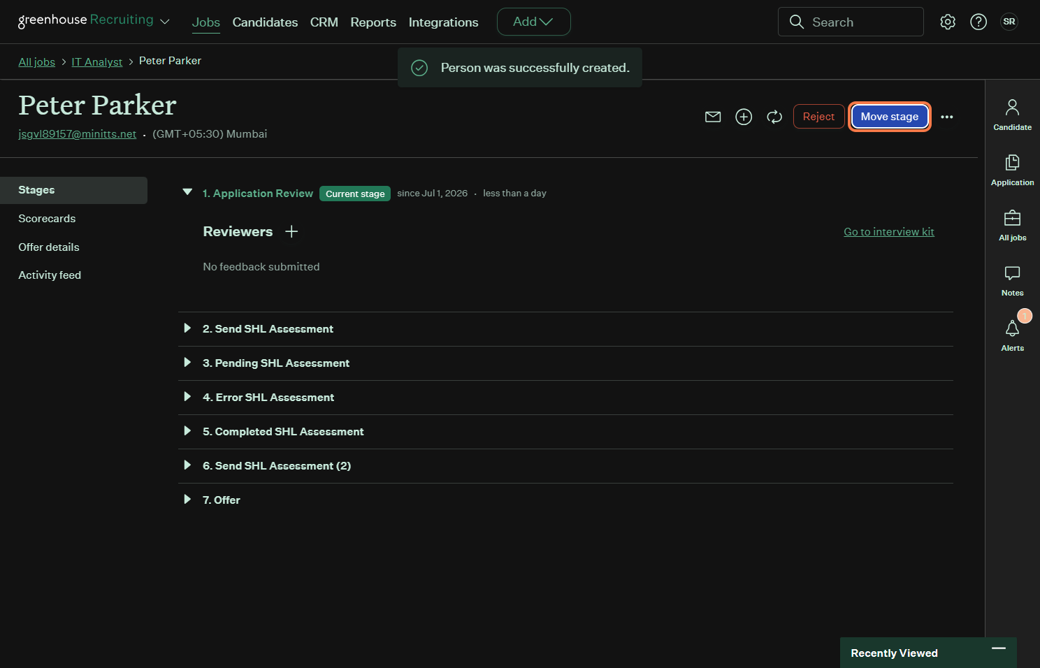 Clicking Move stage on a candidate's profile
