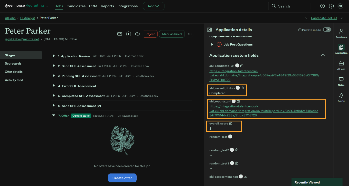Candidate assessment scores and report shown on the Application tab