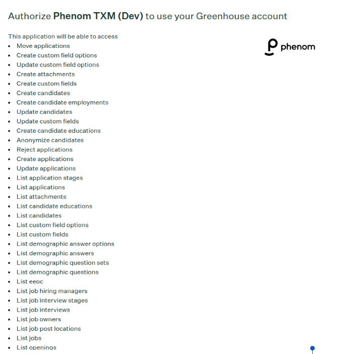 Greenhouse authorization page for granting Phenom API access