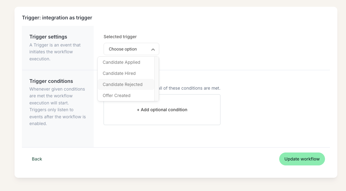 Trigger selection dropdown showing the 4 webhook options