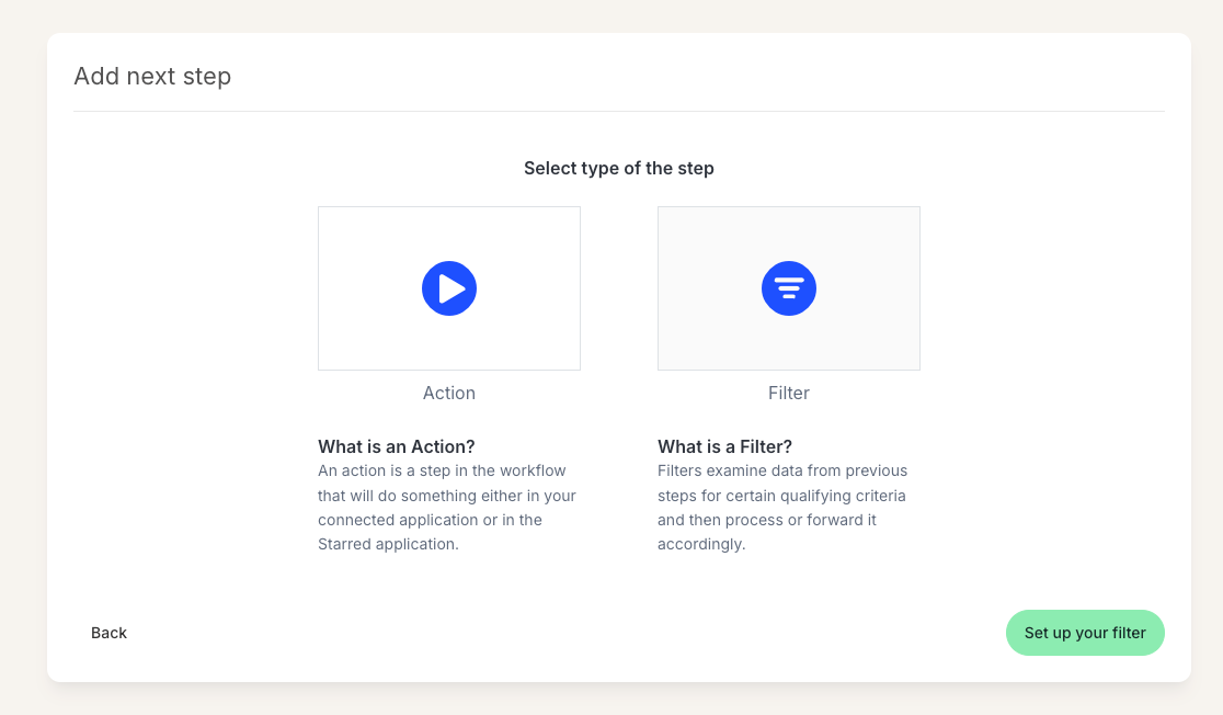 Filter conditions configuration in a Starred workflow