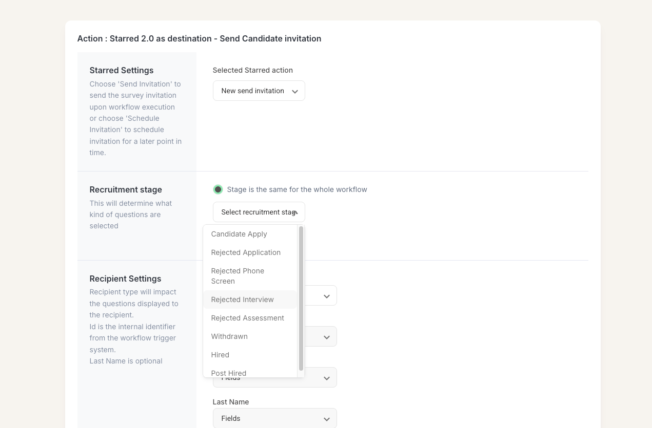 Starred action settings configuration