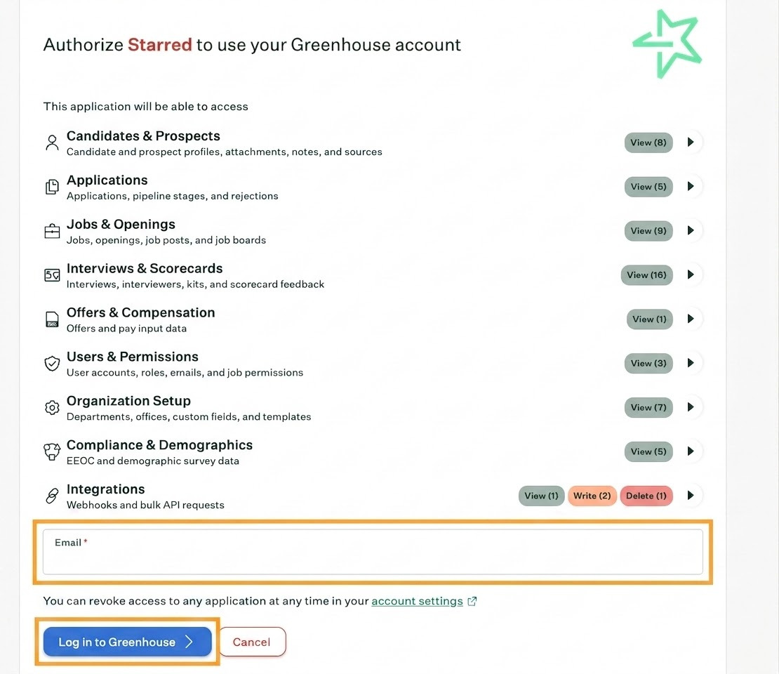 Greenhouse login prompt from Starred