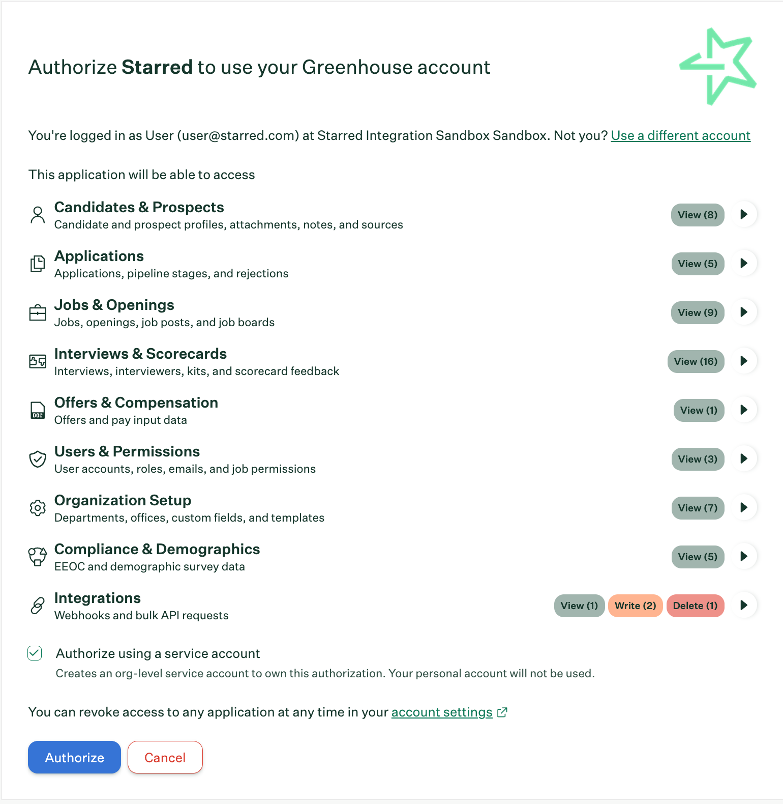 Greenhouse service account authorization screen