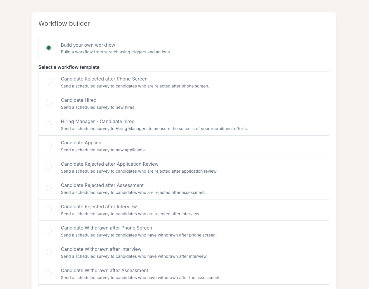 Starred workflow template selection screen