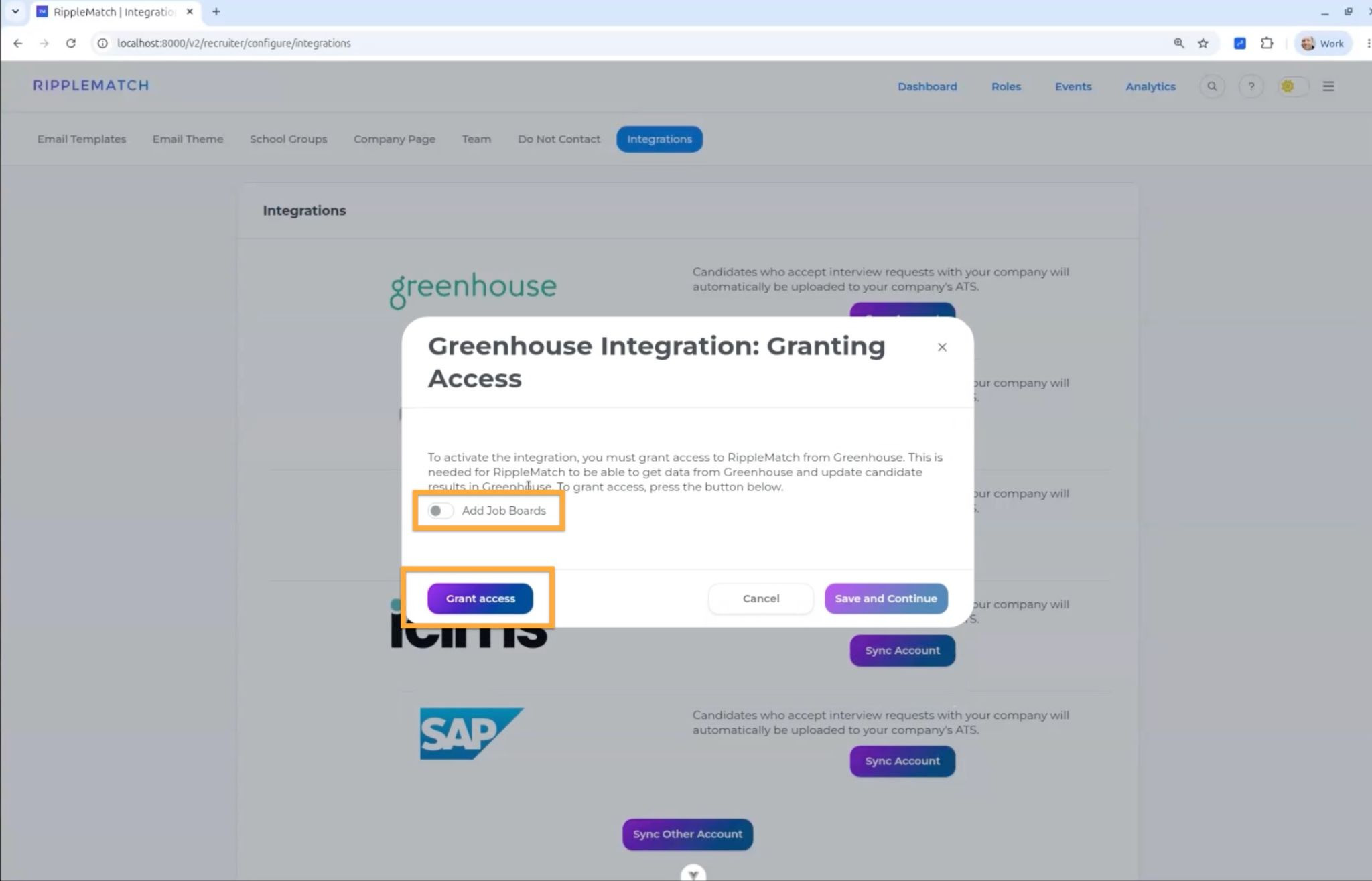 RippleMatch setup modal with the Grant Access button