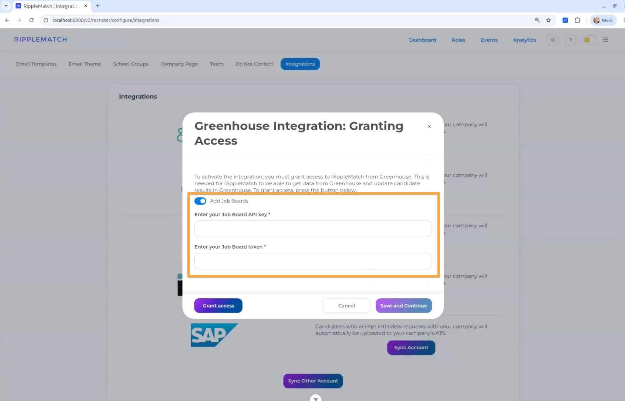 Add Job Boards toggle with Job Board API Key and Token fields