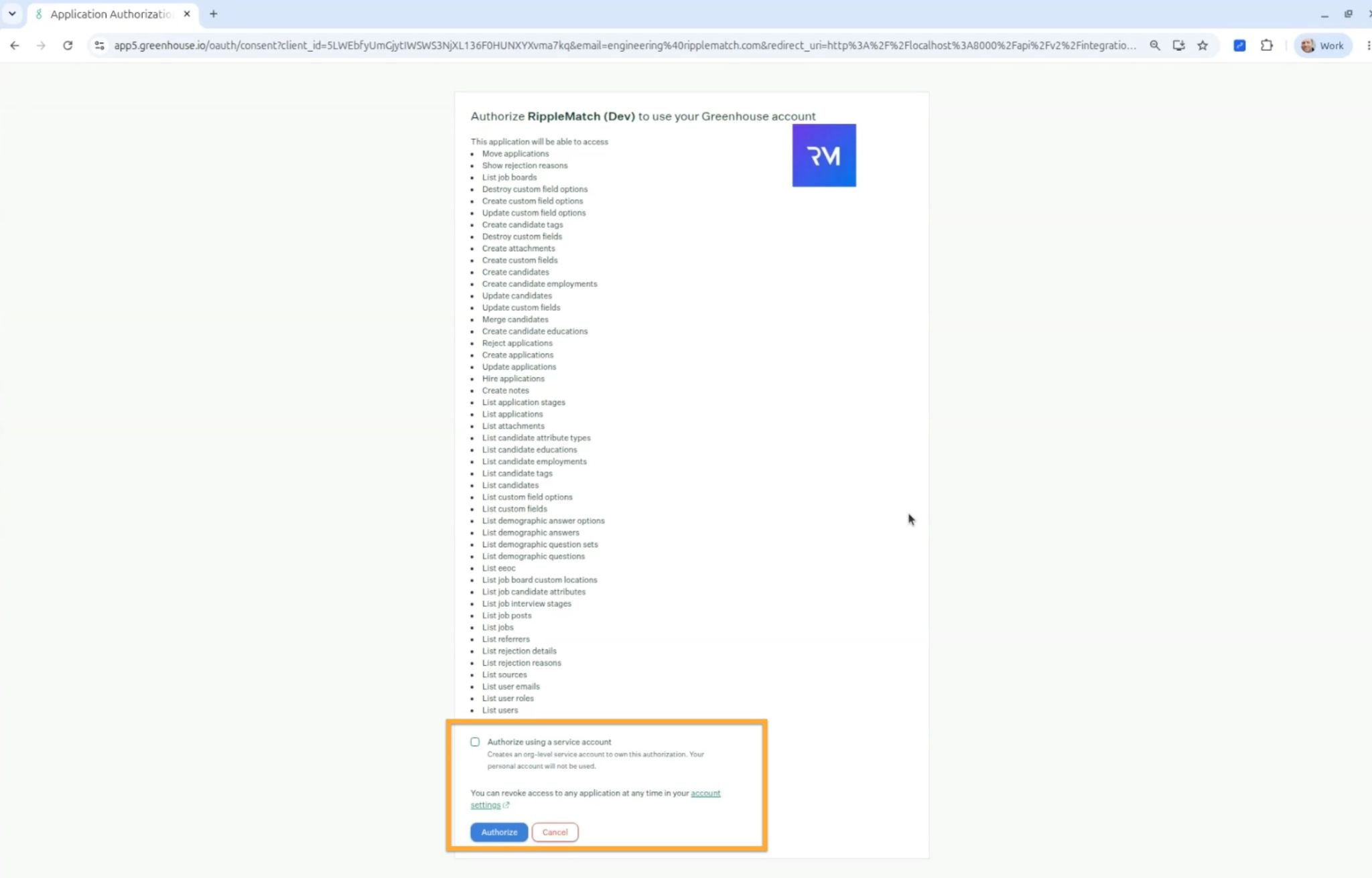 Greenhouse authorization page with the Authorize button