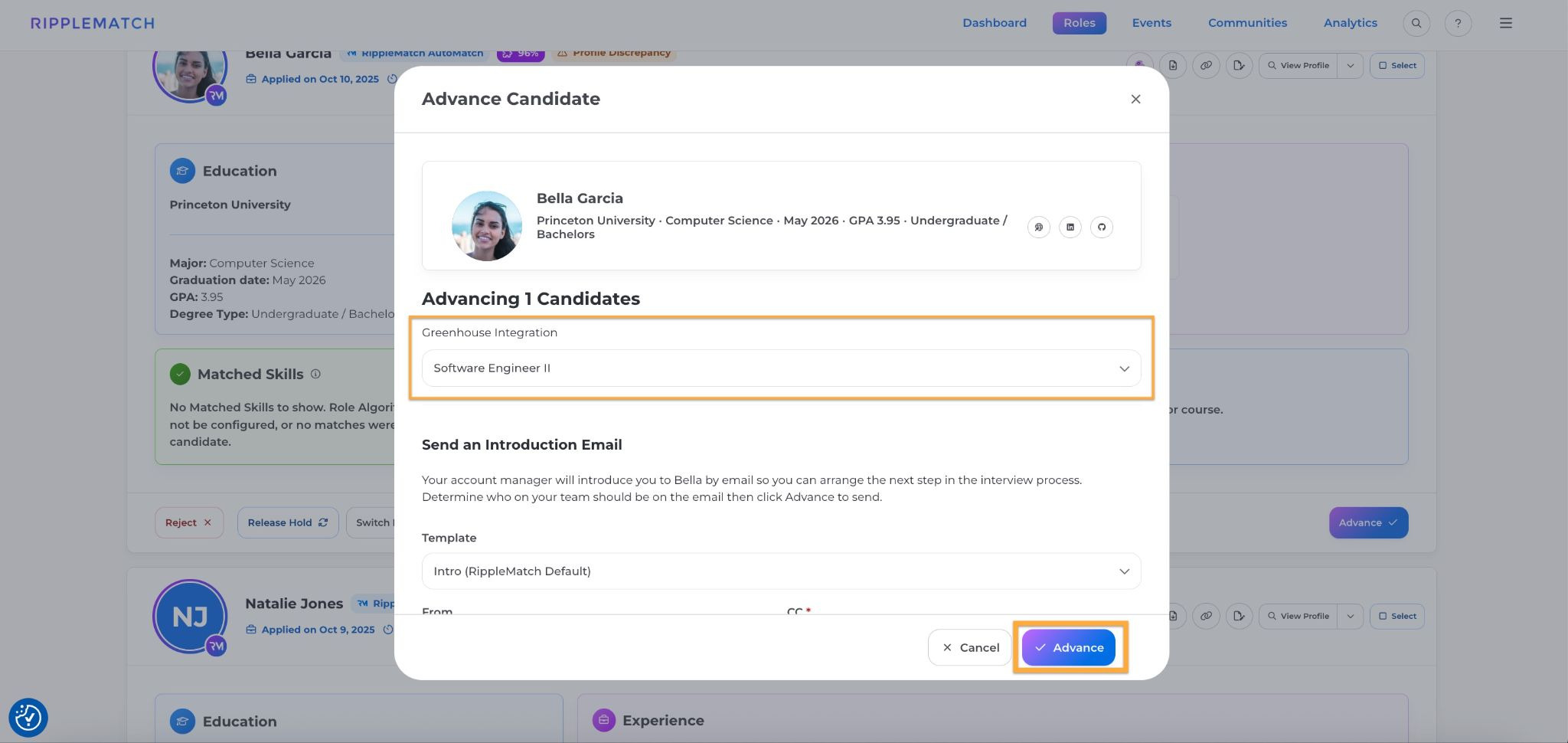 RippleMatch role mapping shown when advancing a candidate