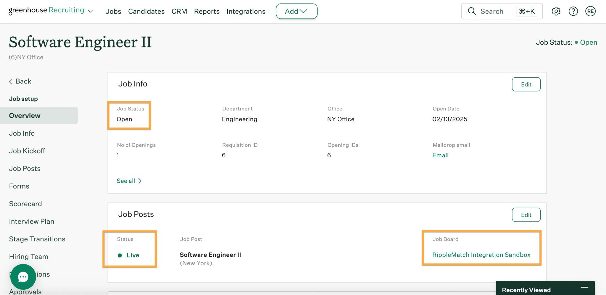 Job Status set to Open with a Live Job Board URL
