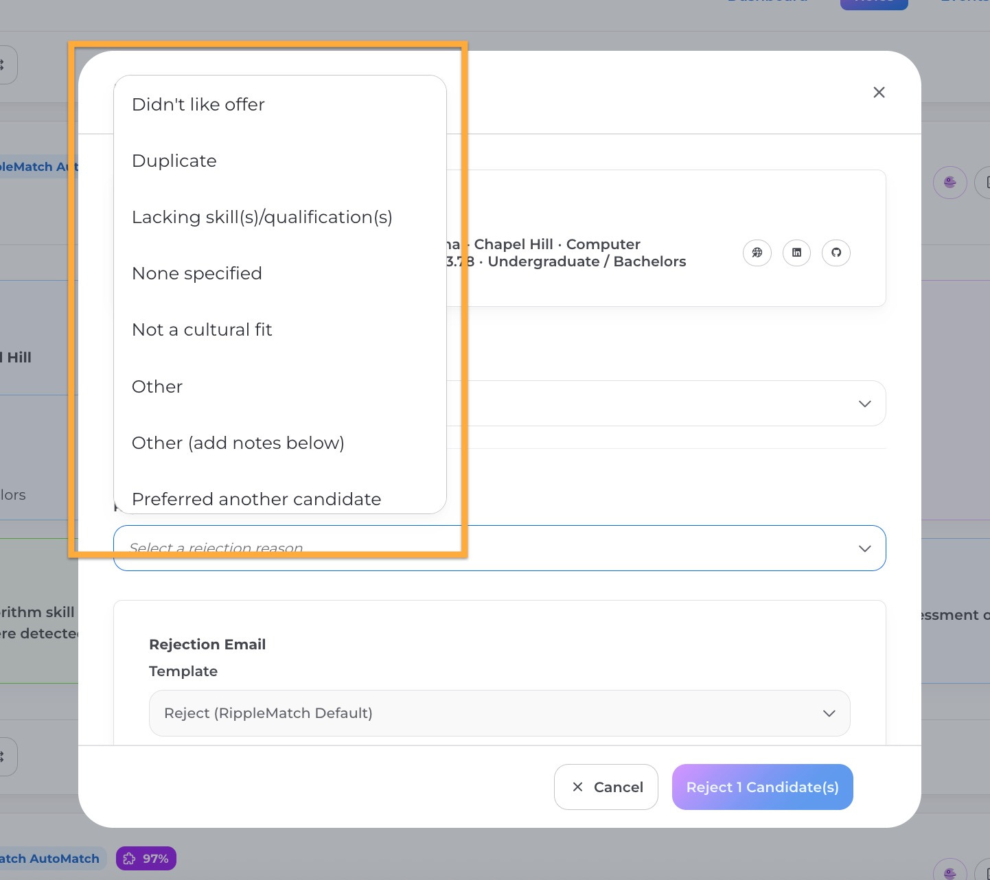 List of Greenhouse rejection reasons available in RippleMatch