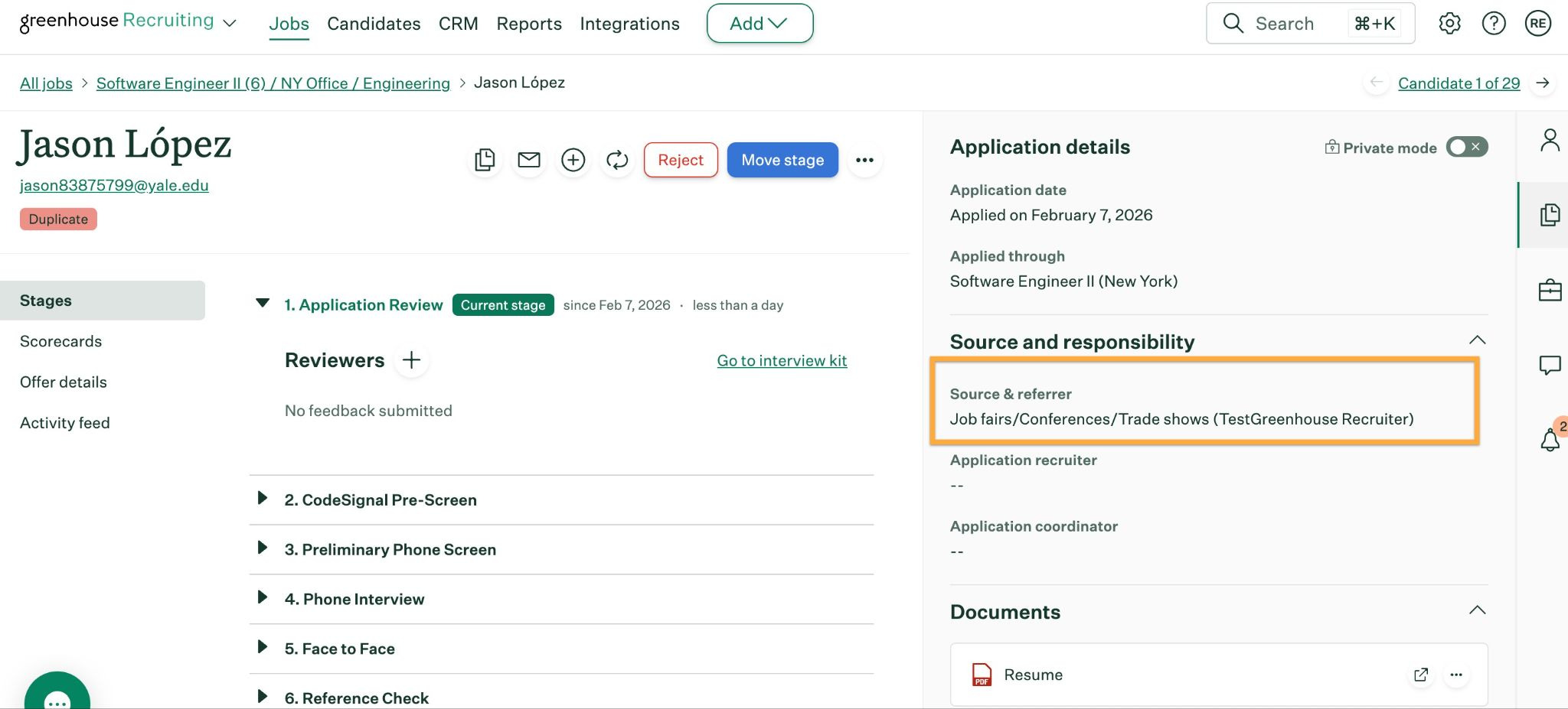 Custom source field shown on a Greenhouse candidate record