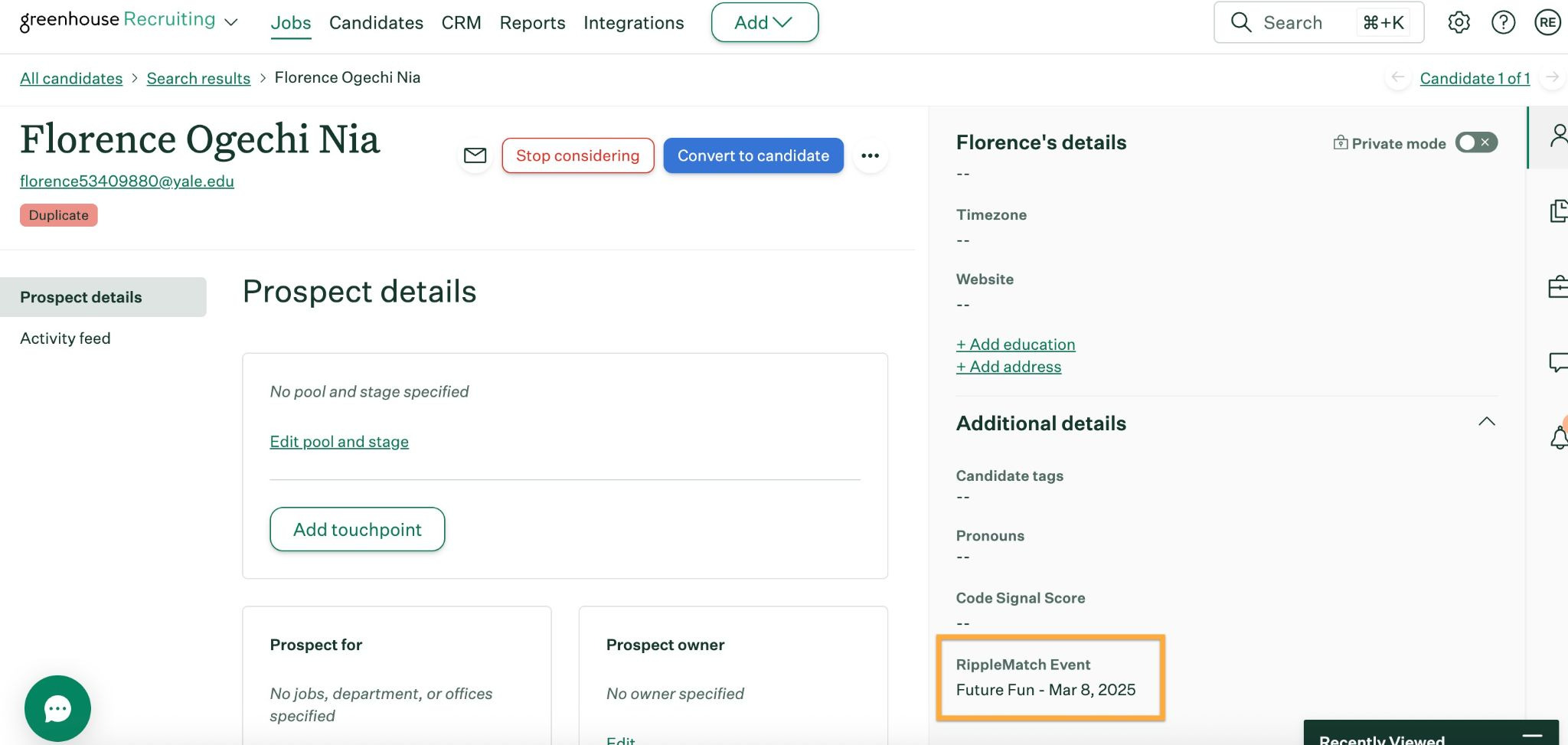 RippleMatch Event field shown under a prospect's Additional Details