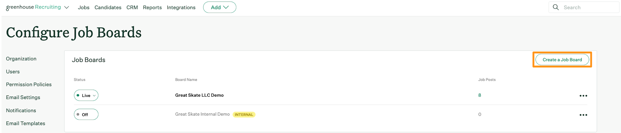 Configure menu path to Job Boards & Posts showing the Create a Job Board option