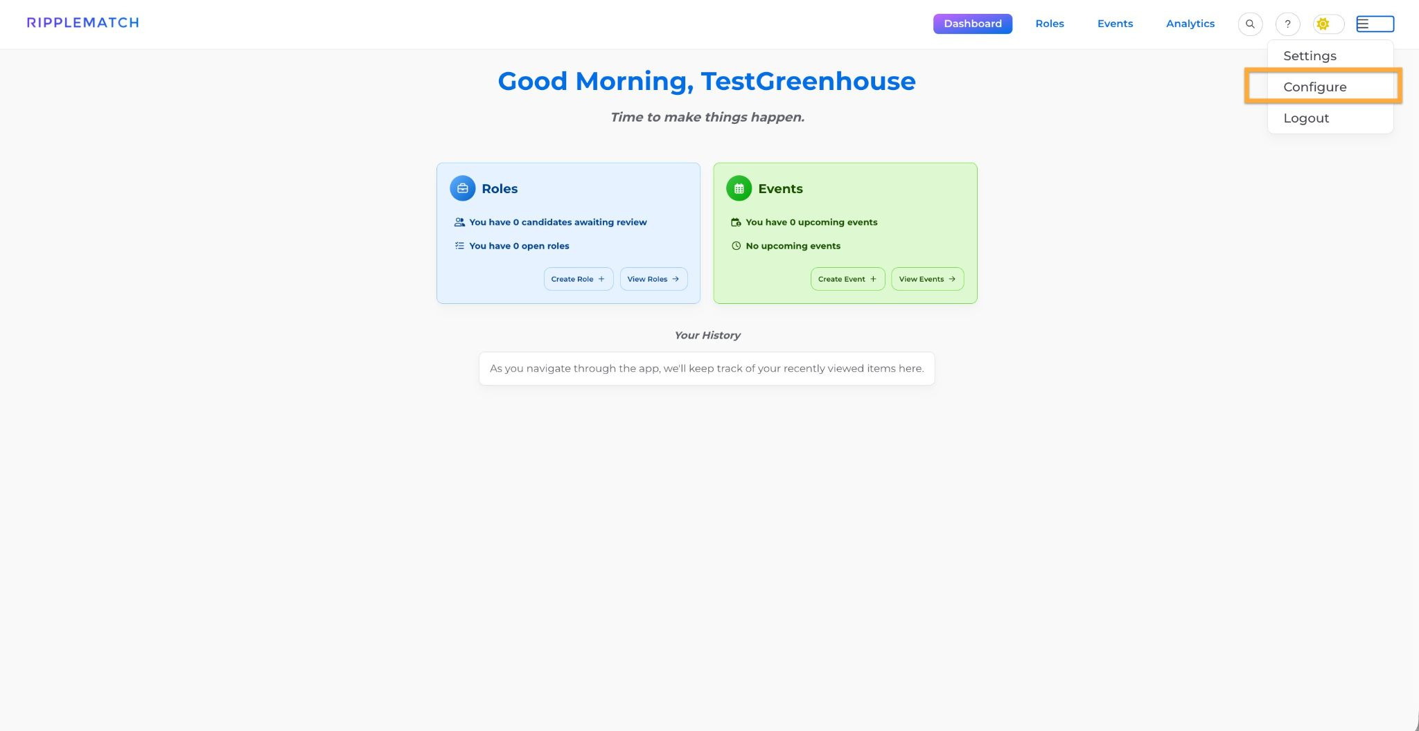 Greenhouse Configure menu showing the Integrations option