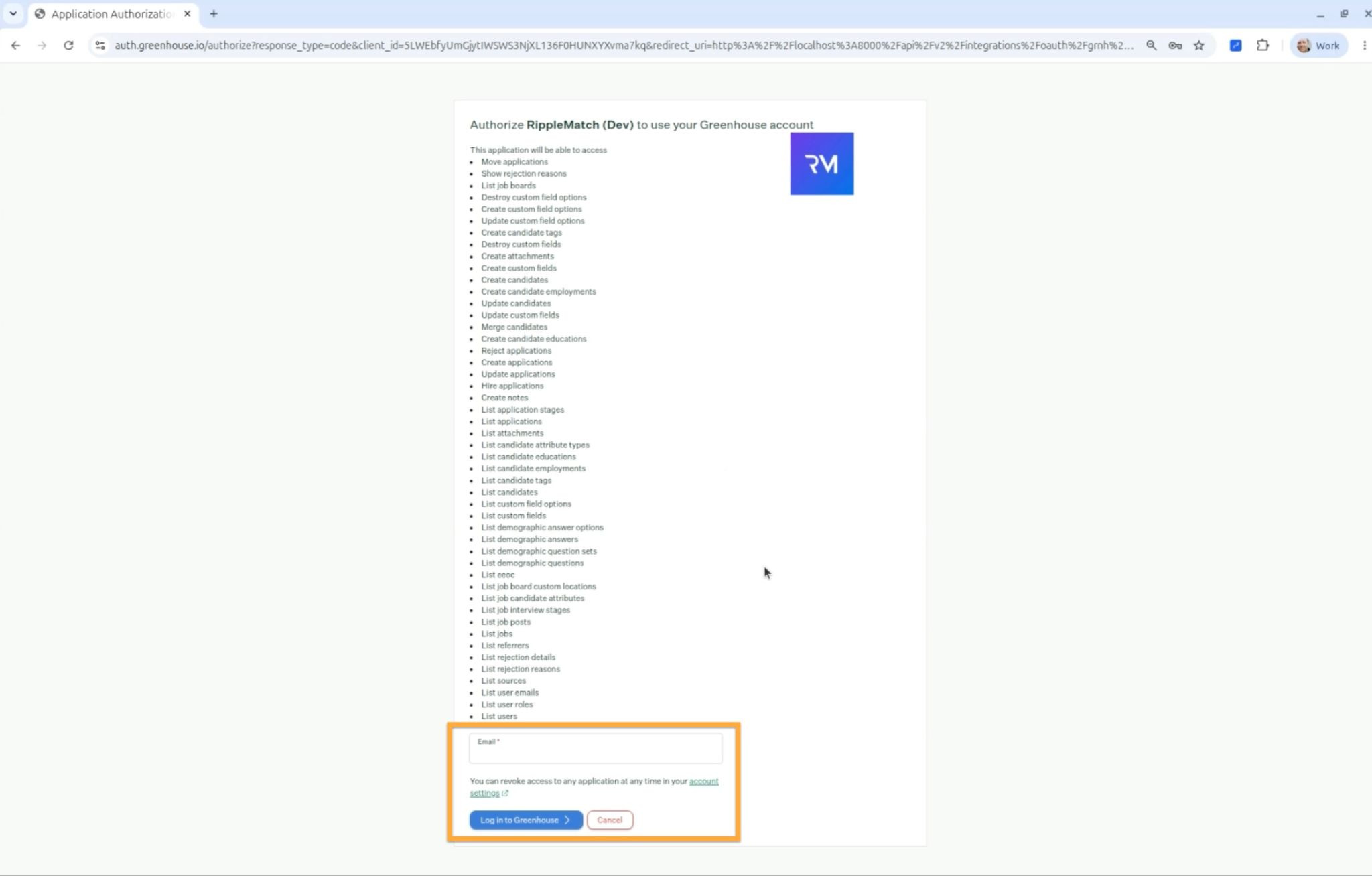 Email entry field with the Log into Greenhouse button