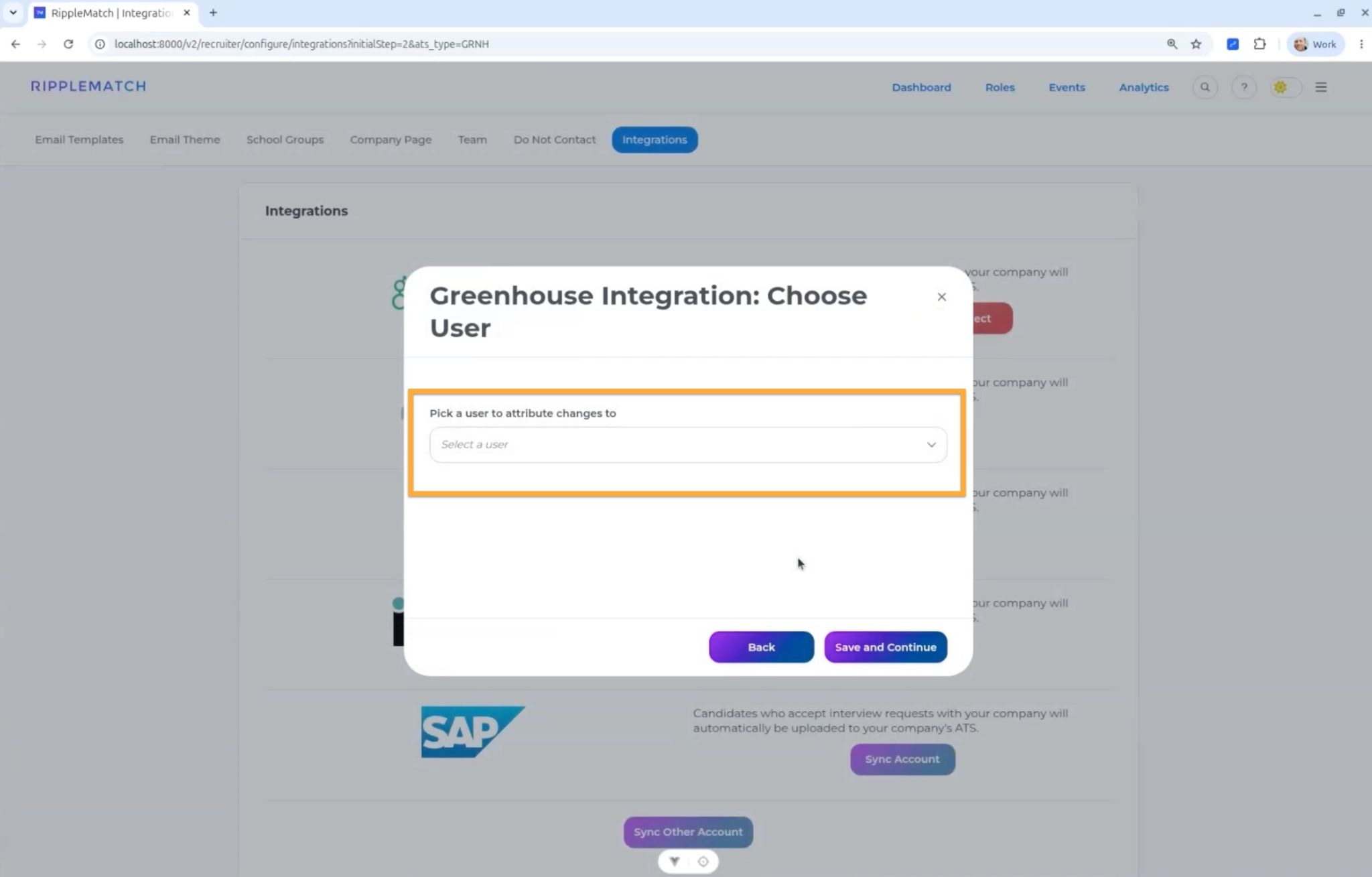 Screen for selecting the Greenhouse user to associate with the integration