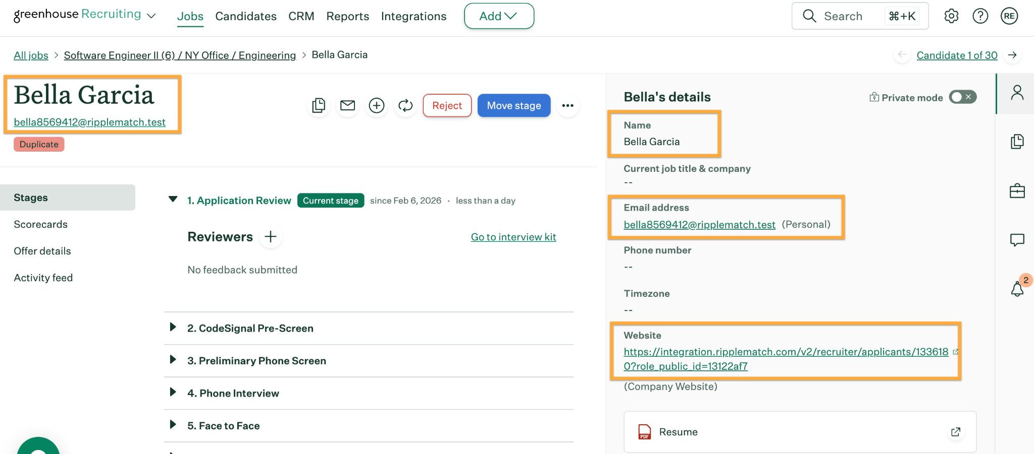 Candidate record in Greenhouse after being pushed from RippleMatch