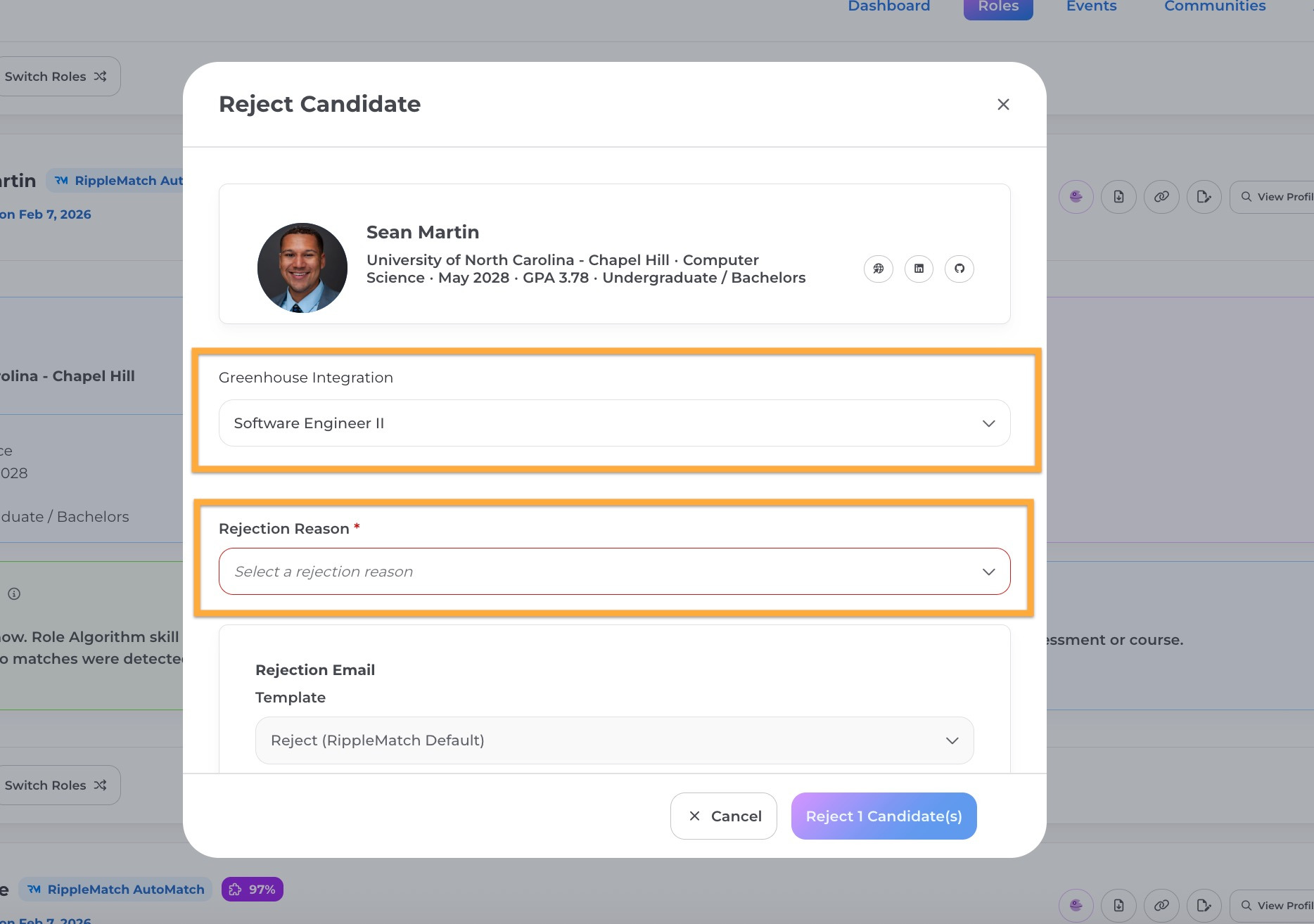 Rejection reason selection in RippleMatch matching Greenhouse's reasons