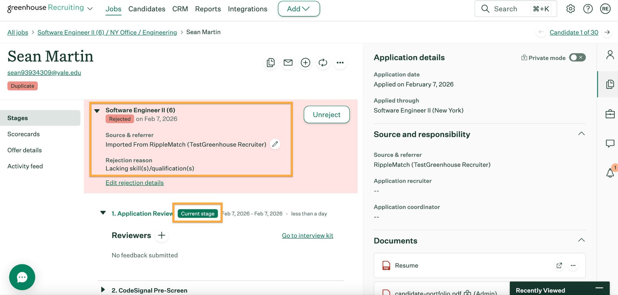 Candidate shown as rejected in Greenhouse at the Application Review stage