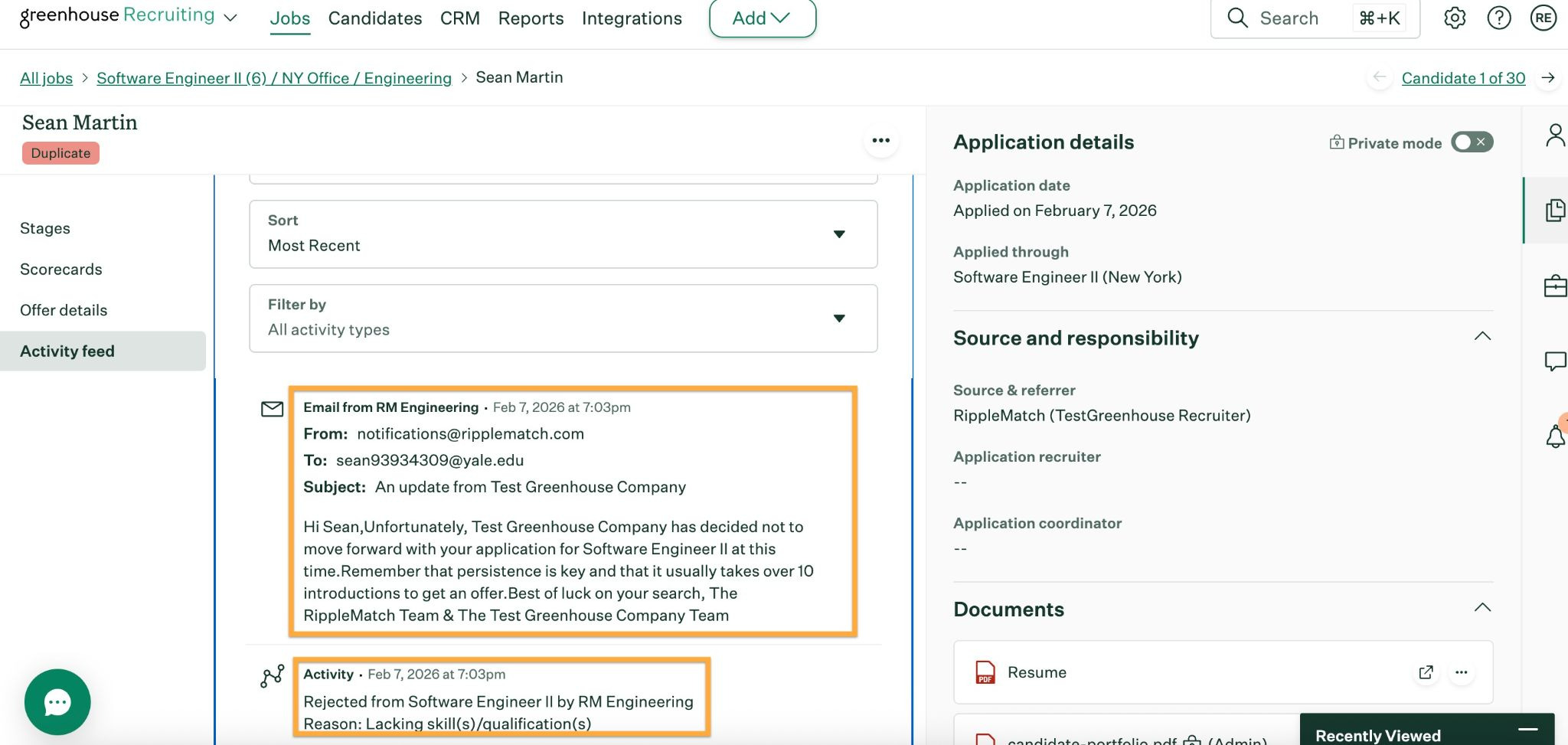 Activity feed showing the rejection recorded by the Greenhouse user