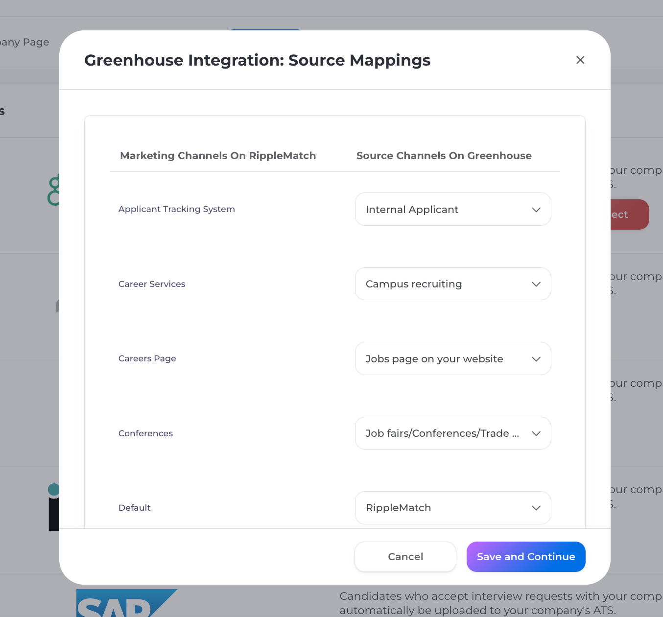 Custom source mapping configuration in the RippleMatch integration settings