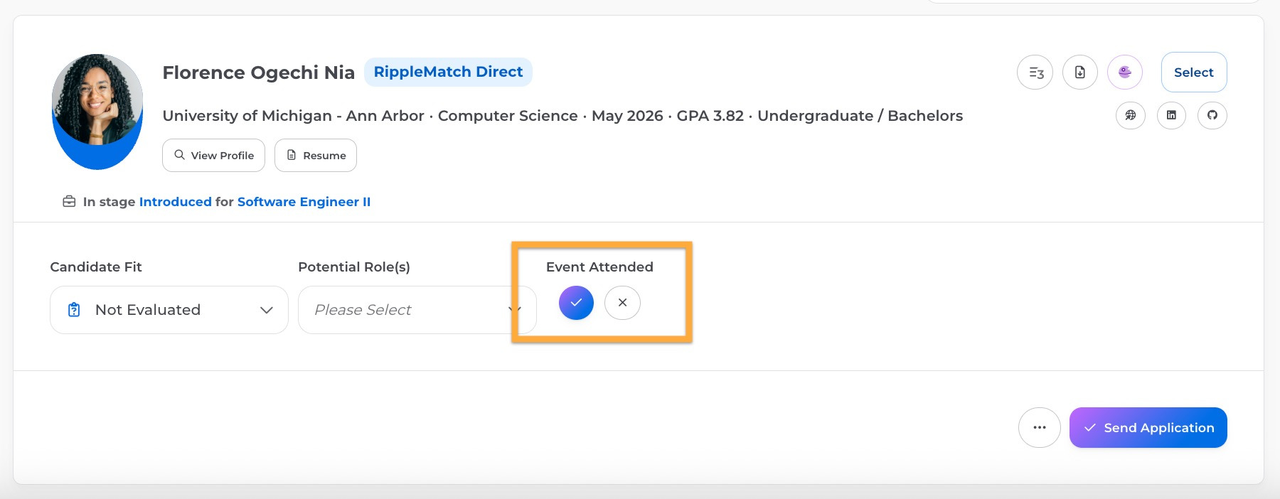 Candidate marked as an Event Attendee in RippleMatch